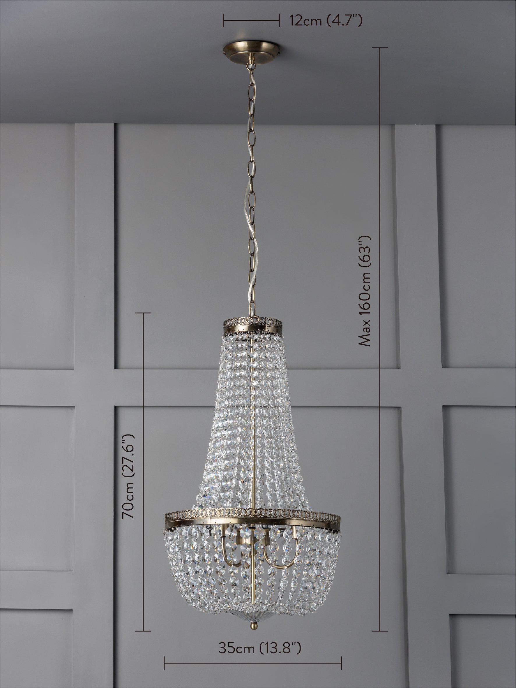 Pioni - 3 light antique brass crystal glass chandelier