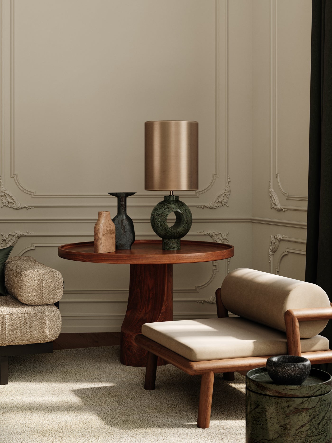 Editions marble lamp with + aged brass shade