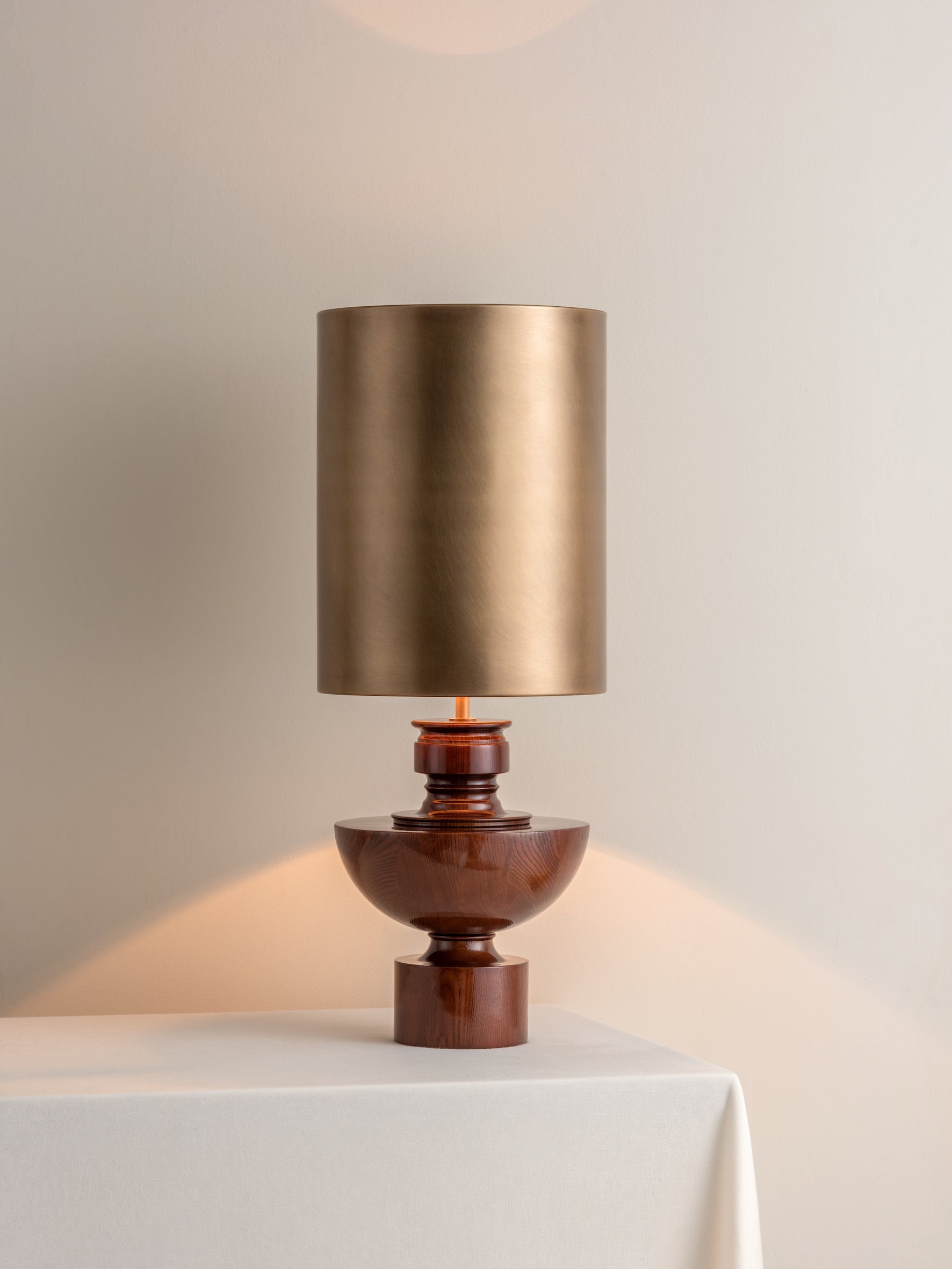 Editions spun wood lamp with + aged brass shade